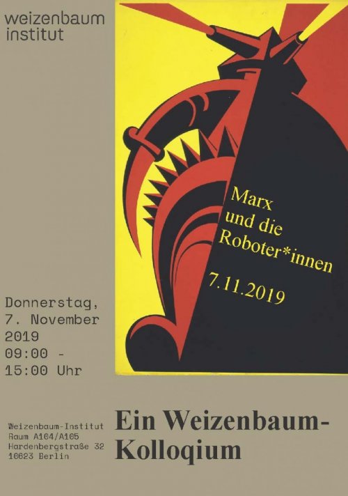 Flyer der Veranstaltung. Text im Bild: rechts unten groß: Ein Weizenbaum-Kolloquium. Links von oben nach unten: Weizenbaum-Institut, Donnerstag, 7. November 2019, 9-15 Uhr. Rechts oben Grafik mit Titel 