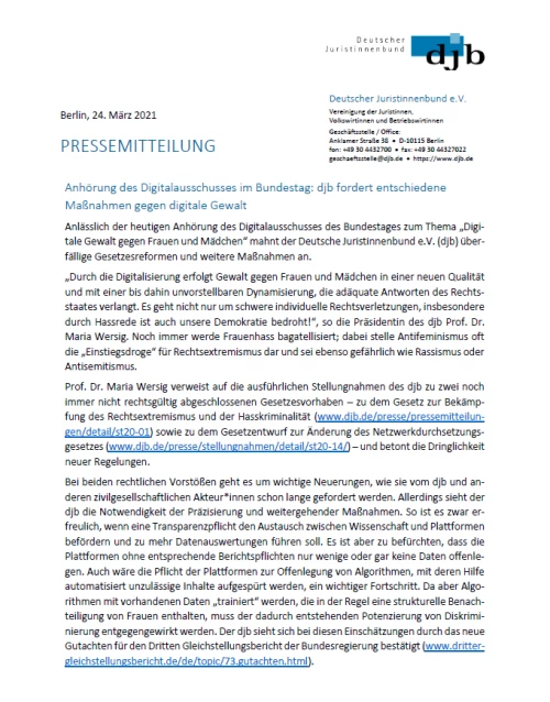 Foto der ersten Seite der Pressemitteilung des djb zur Anhörung des Digitalausschusses im Bundestag 
