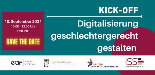 Text im Bild: Jetzt anmelden: 10. September 2021 10-13 Uhr online. KICK-OFF: Digitalisierung geschlechtergerecht gestalten