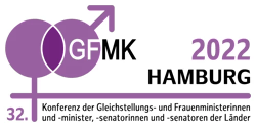 Logo der GFMK 2022 in Hamburg. Untertitel geschrieben: 32. Konferenz der Gleichstellungs- und Frauenministerinnen und -minister, -senatorinnen und -senatorin der Länder, oben Links Symbole für Mann und Frau in lila